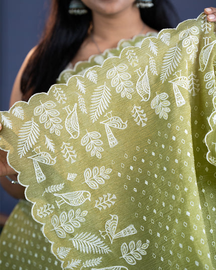 Soft Crush Tissue Saree With  Thread Embroidery Work and Scallop Border- Mint Green