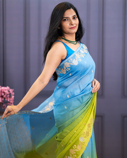 Satin Kota  Golden Zari weaving Buttis  with Banaras Border -Green