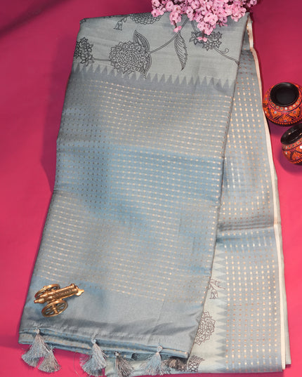 Tussar silk saree floral print with weaving check border - Light Blue