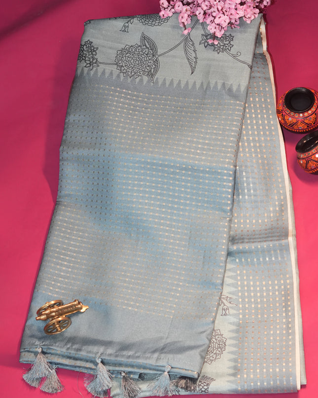 Tussar silk saree floral print with weaving check border - Light Blue