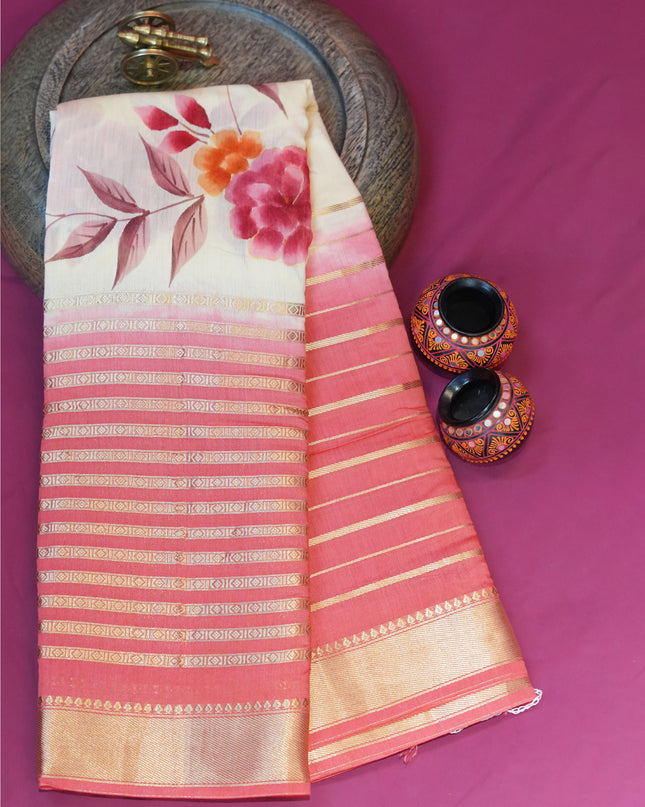 Munga silk Saree with Centre print horizontal Zari lines - orange