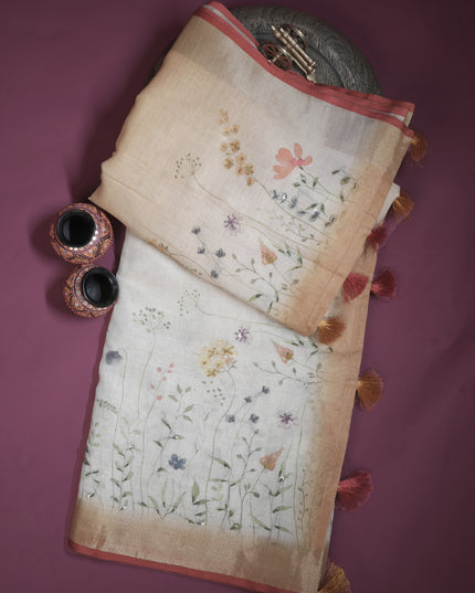 Tissue linen silk saree floral print with not work - Beige & Yellow
