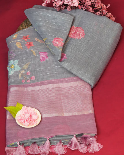 Linen silk saree floral Print contrast Border - Grey
