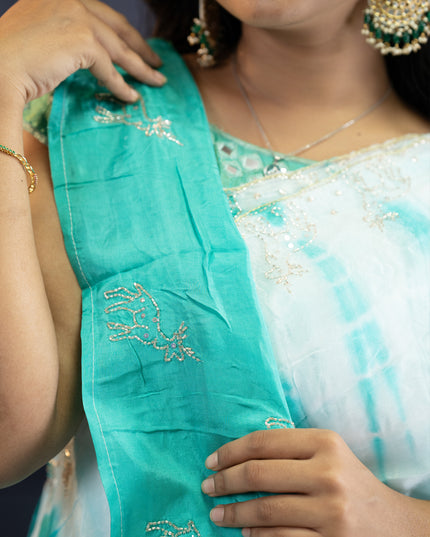 Soft Silk Crepe Shibori Print with Scallop Border-Sky blue