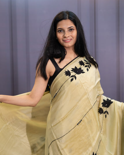 Russian Crepe Saree With Kardhana  Work  Lace Border - Beige