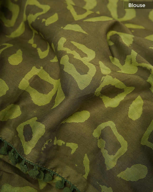 Cotton saree with block print and lace border  - Mehendi Green