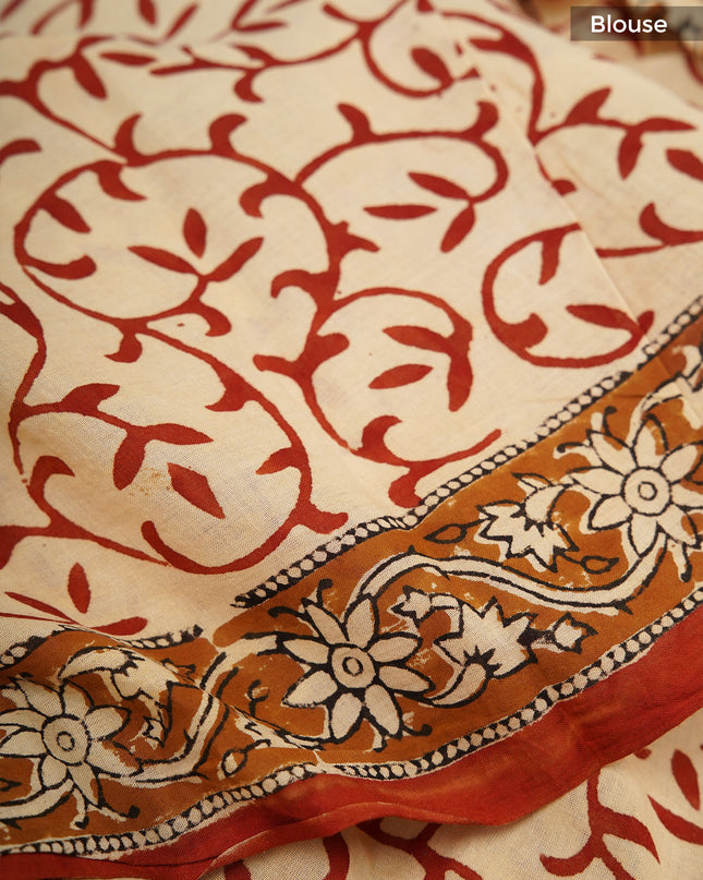 Kota cotton saree with block print and contrast border -Beige
