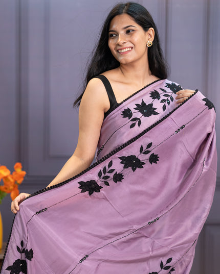 Russian Crepe Saree With Kardhana  Work  Lace Border - Lavender