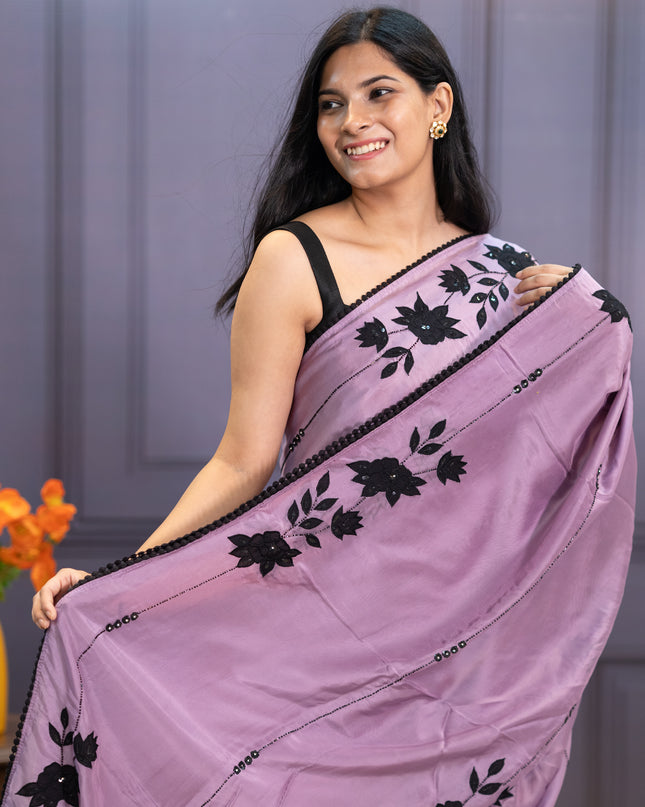 Russian Crepe Saree With Kardhana  Work  Lace Border - Lavender