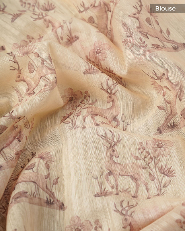 Linen Silk With Printed Butties - Cream & Pink