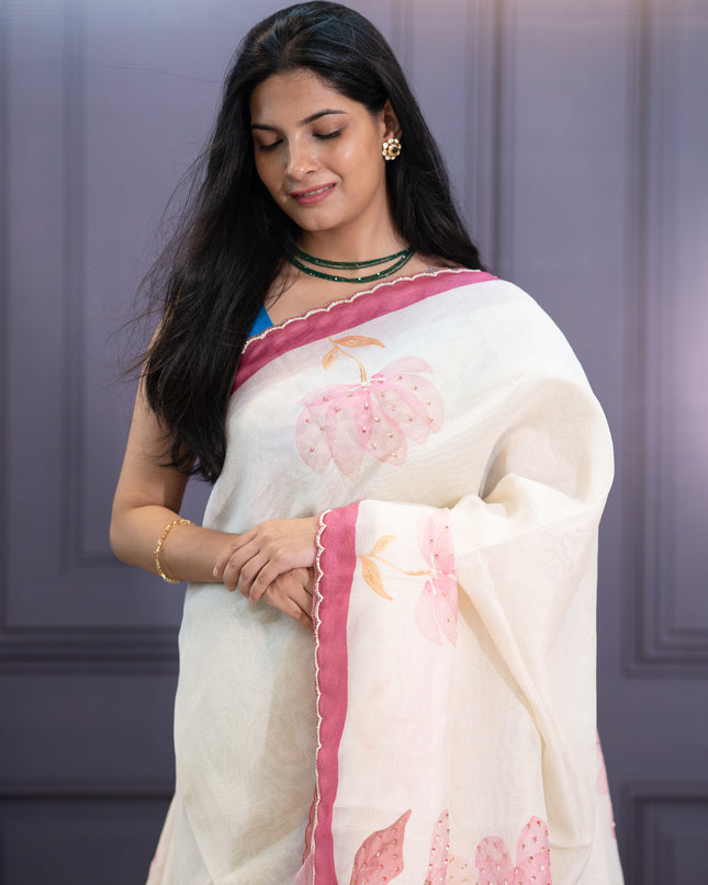 Linen With Pearl Work Scallop Border - Pink