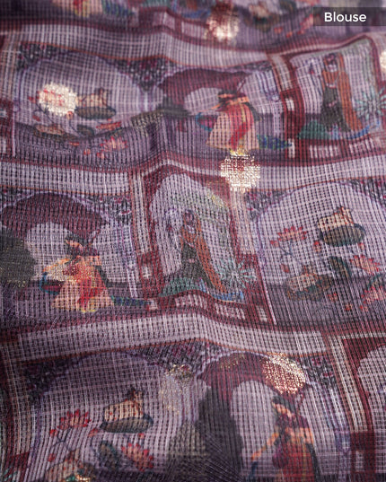 Silk Kota Saree With Digital Print And Gold Weaving Butties - Lavender