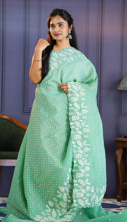 Soft Crush Tissue Saree With  Thread Embroidery Work and Scallop Border- Sage Green