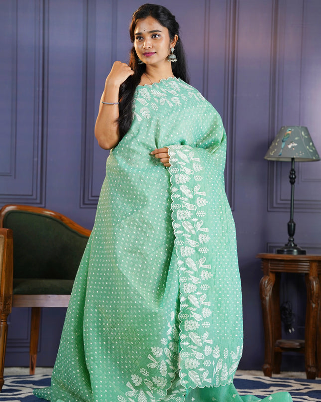 Soft Crush Tissue Saree With  Thread Embroidery Work and Scallop Border- Sage Green