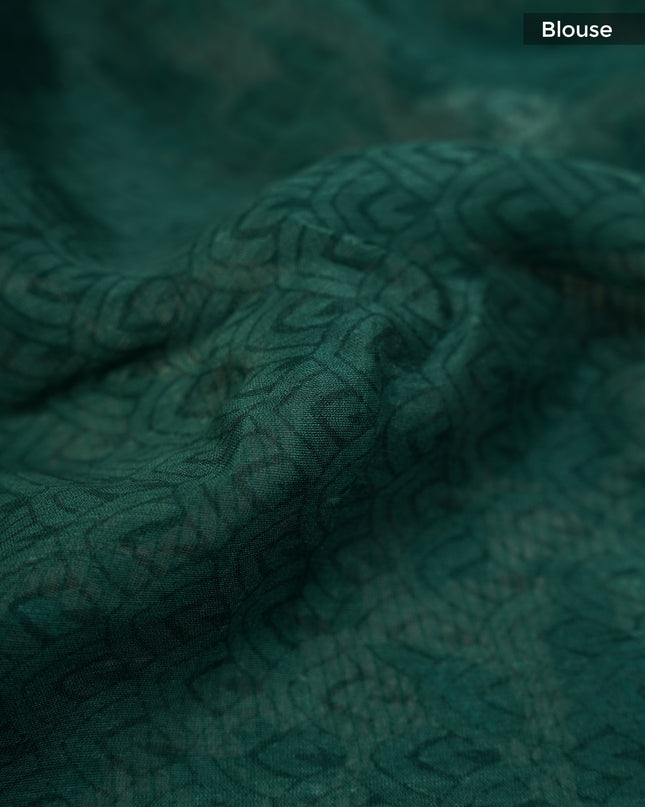 Chanderi Silk Allover Print With Antique Zari Border - Green