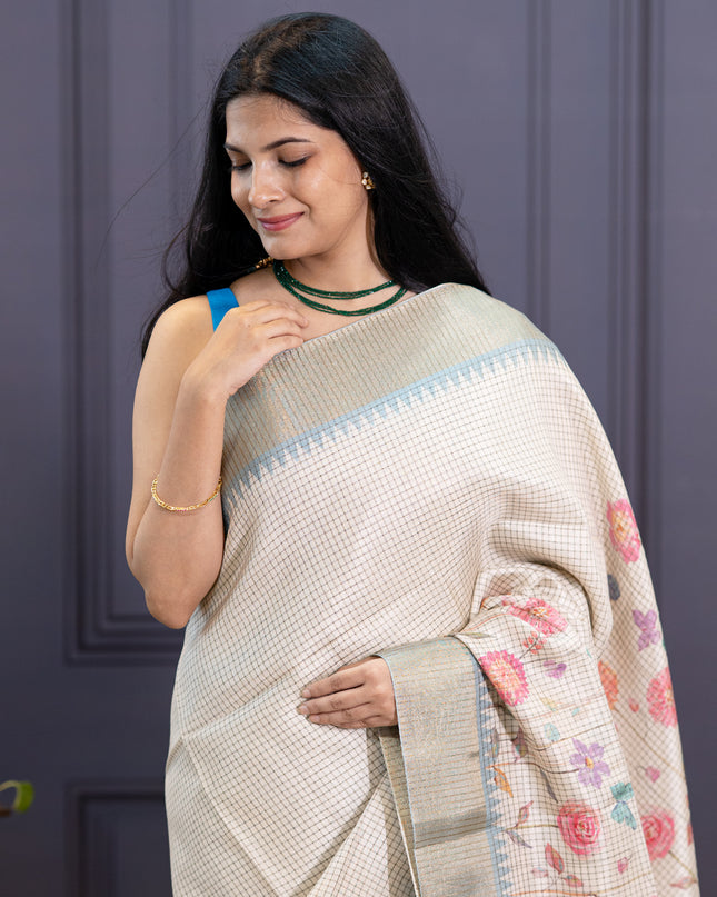 Semi Tusser silk Digetal Print With Golden Zari Border