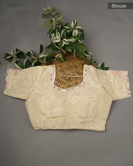 Tissue Crape Applique Work Buttis Scallop Border with Kardana & Pearl Work - Yellow