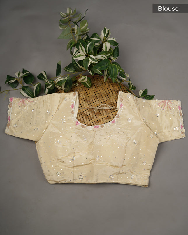 Tissue Crape Applique Work Buttis Scallop Border with Kardana & Pearl Work - Yellow