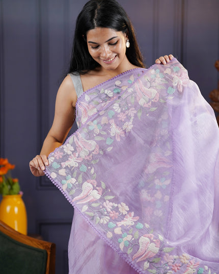 Soft Tissue Organza Silk with Multicolor Thread Embroidery Border -Purple