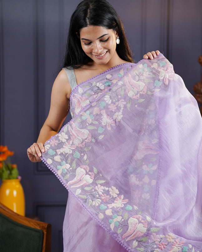 Soft Tissue Organza Silk with Multicolor Thread Embroidery Border -Purple