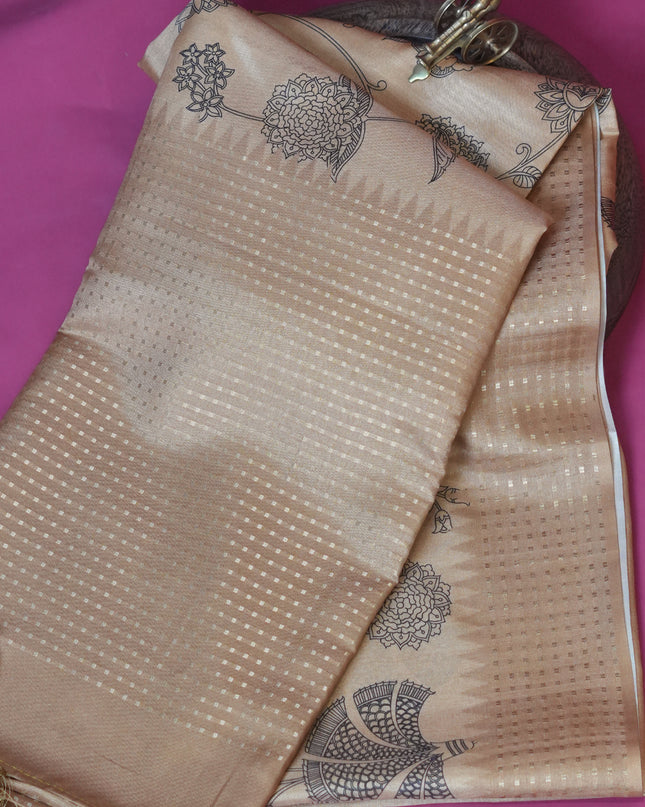 Tussar silk saree floral print with weaving check border - Gold