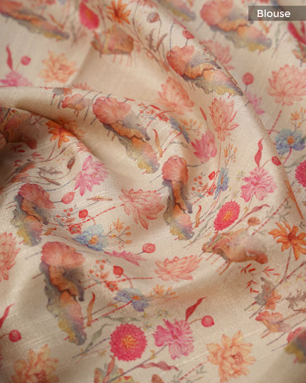 Semi Tusser Silk Saree With Contrast Border And Thread Embroidery Butties -  Beige Blue