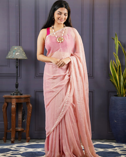 Soft Organza Tissue Saree With  Hand Work and Scallop Border-Light Pink