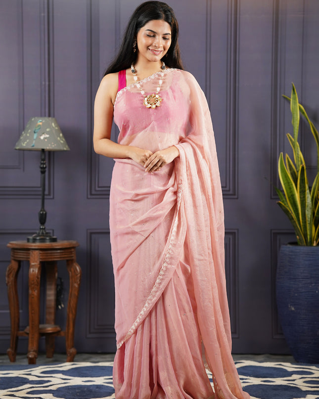 Soft Organza Tissue Saree With  Hand Work and Scallop Border-Light Pink