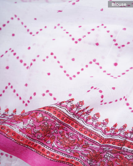 Mul cotton saree with floral  block printed and contrast border - white