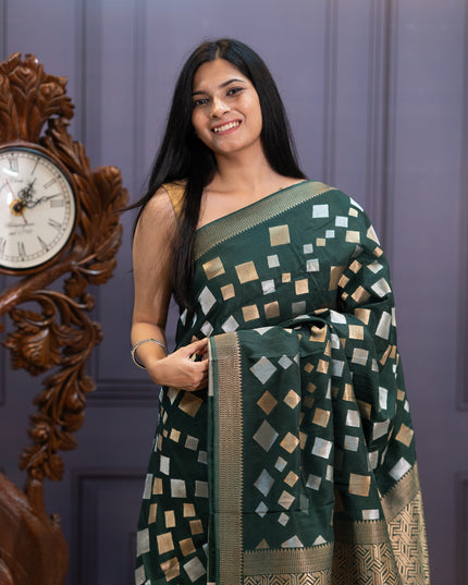 Banaras Silk Saree Gold & Silver Zari Butties and Border - Bottle Green