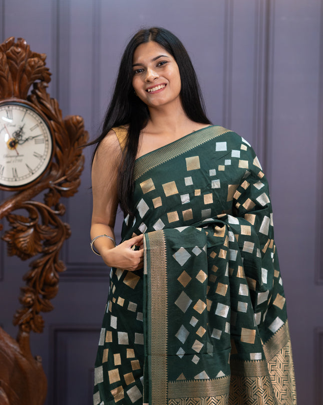 Banaras Silk Saree Gold & Silver Zari Butties and Border - Bottle Green