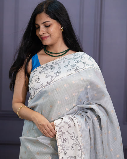 Silk Kota Saree with Digital Print  and Lace Border