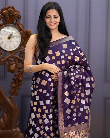 Banaras Silk Saree Gold & Silver Zari Butties and Border - Violet