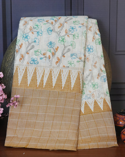 Mangalagiri cotton foral print contrast Border - Cream & Brown