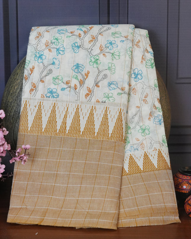Mangalagiri cotton foral print contrast Border - Cream & Brown