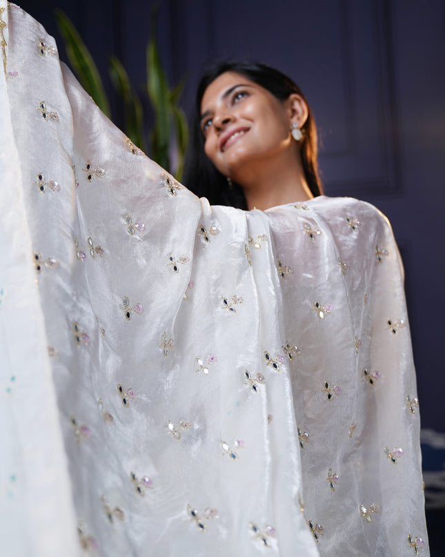 Soft Satin Velvet silk saree With Kardhana  work with Scallop Border -White