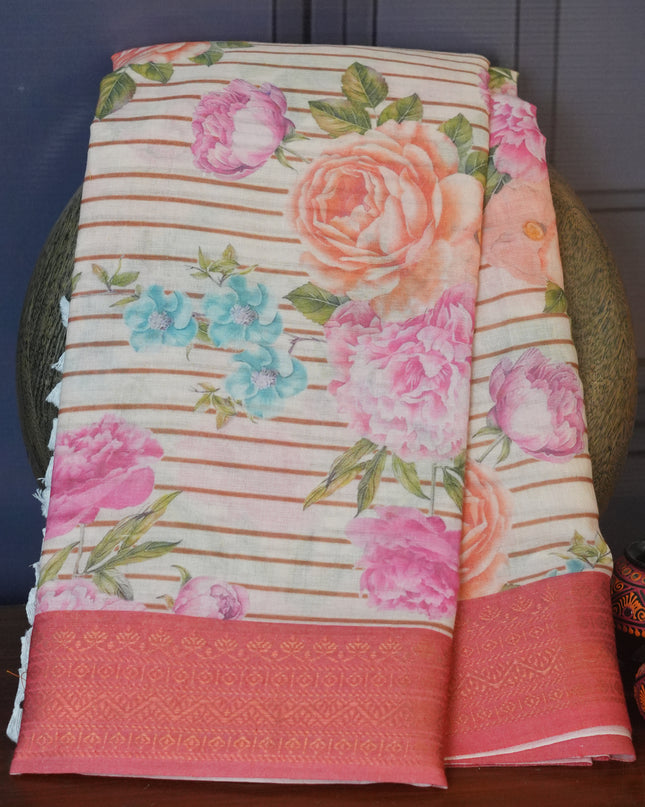 Mudra Cotton saree Floral Print with contrast Border - Cream & Pink