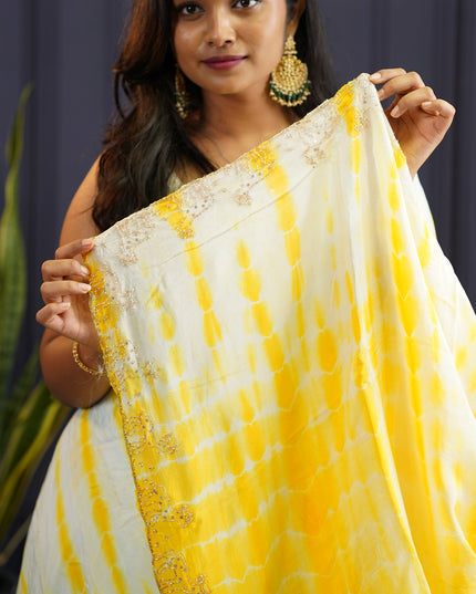 Soft Silk Crepe Shibori Print with Scallop Border-Yellow