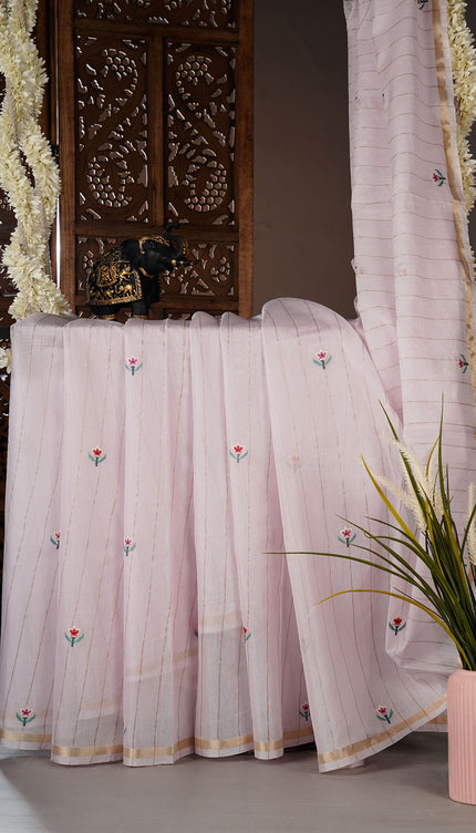 Mul  chanderi saree with thread embroidery butties -Baby Pink