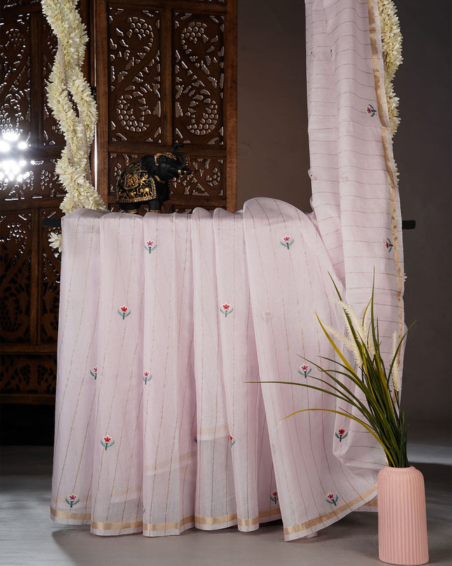 Mul  chanderi saree with thread embroidery butties -Baby Pink