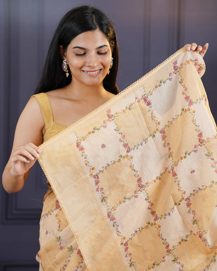 Kota Silk Saree with Floral Print and Knot Work-Beige