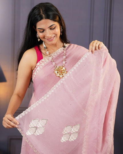 Soft Organza Tissue Saree With  Hand Work and Scallop Border-Dusty Pink
