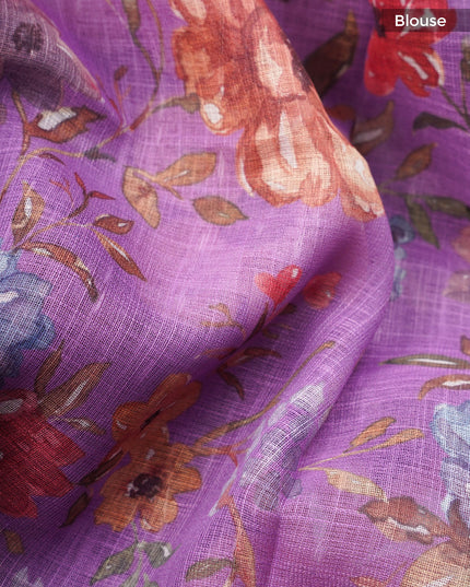 Linen Silk Floral Pallu With Silver Zari Border - Purple