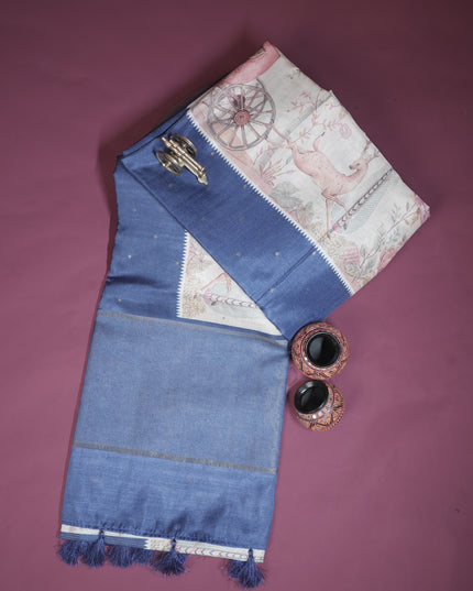 Tussar silk saree with digital print zari border - Royal Blue