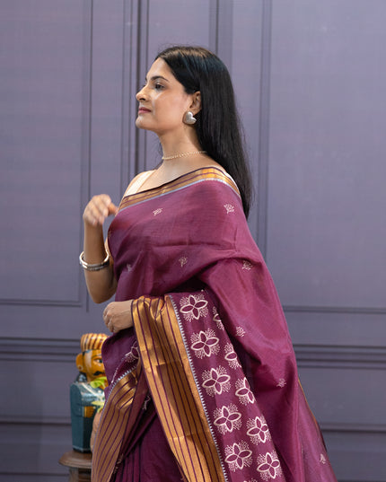Mangalagiri Silk Saree  Embroidery Work With Zari  Border-Wine