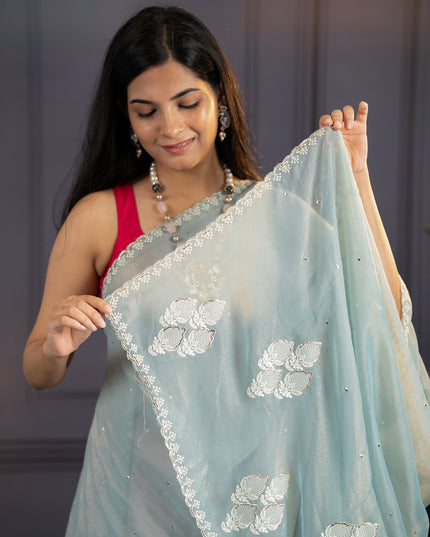 Soft Organza Tissue Saree With  Hand Work and Scallop Border- Sea Blue