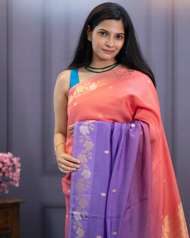 Satin Kota  Golden Zari weaving Buttis  with Banaras Border- Lavender