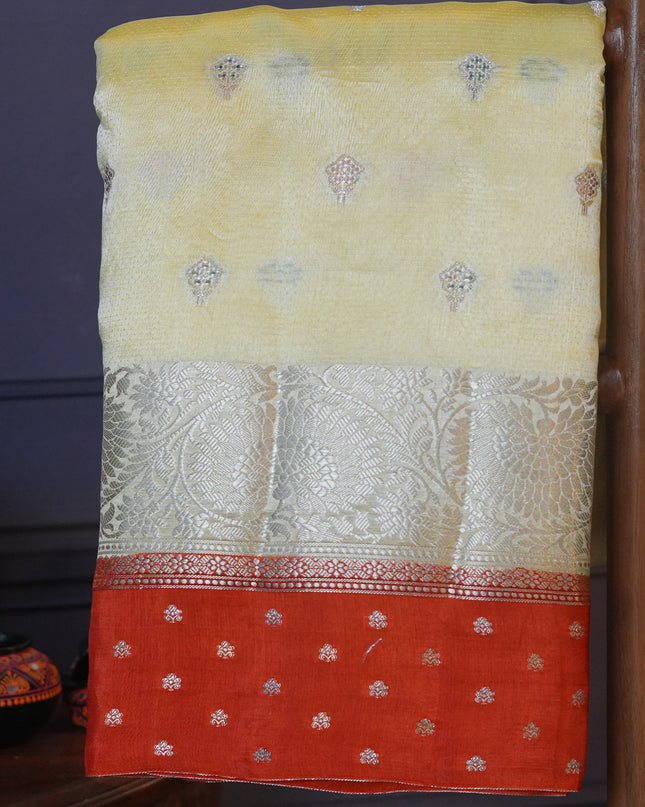 Chiniya Silk Saree With Golden Butties Contrast Border - Light yellow