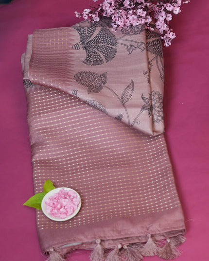 Tussar silk saree floral print with weaving check border - Onion Pink