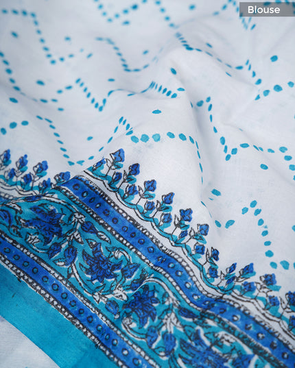 Mul cotton saree with floral  block printed and contrast border - White